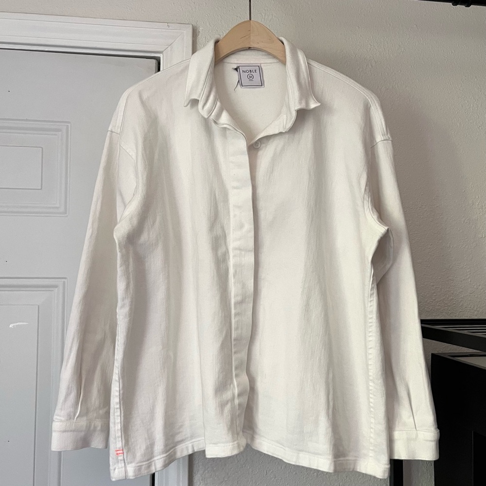 NOBLE 31 White denim canvas cotton‎ Lycra button up long sleeve shirt